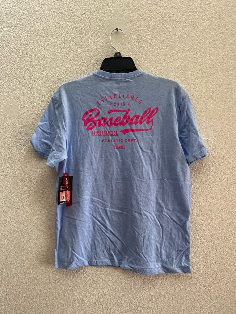 NEW Baseball Lifestyle 101 Pink Writing T-Shirt Short Sleeve Men's Medium Blue